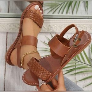 Brown Sandals with Woven Leather Straps and Buckle Closure #738